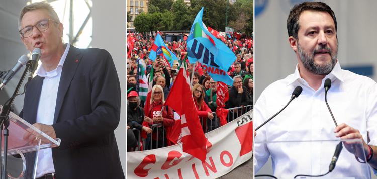 Maurizio Landini, manifestanti di Cgil e Uil, Matteo Salvini