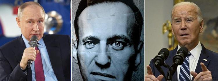 Putin, uno striscione per Navalny, Biden