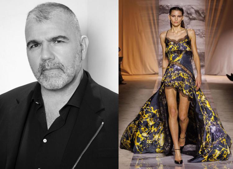 A sinistra Sergio Azzolari, ceo di Roberto Cavalli e, a destra, una delle uscite della fall winter 2024/25 di Roberto Cavalli by Fausto Puglisi