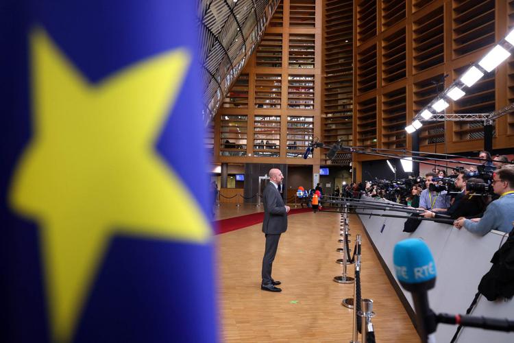 Il presidente del Consiglio Ue Michele in conferenza stampa a Bruxelles - Fotogramma