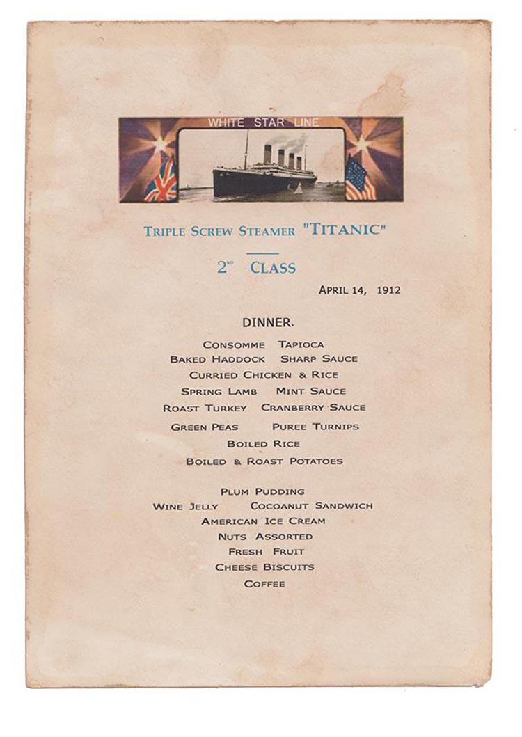 Il menu della 2a classe del Titanic del 14 aprile 1912