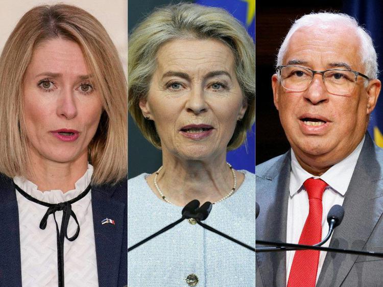 Da sinistra Kaja Kallas, Ursula von der Leyen e António Costa  - (Afp)