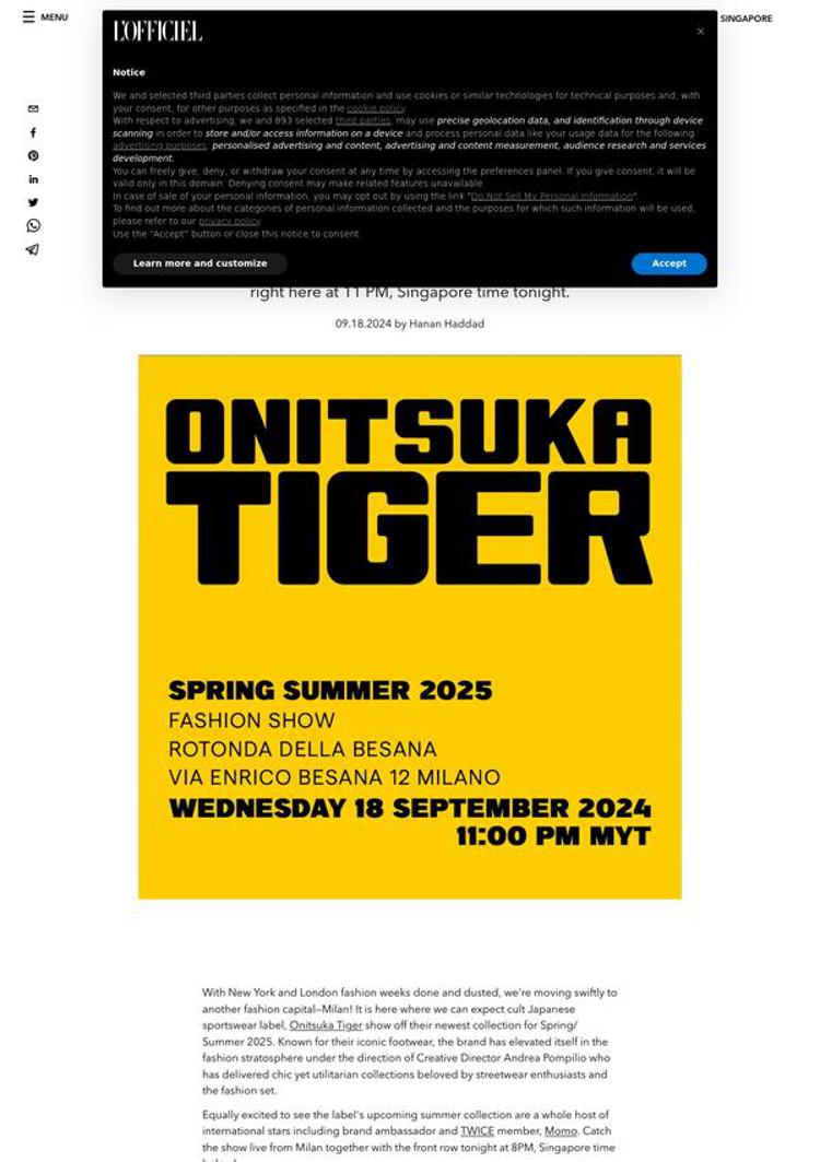 Singapore: Onitsuka Tiger presents its collection in Milan under the direction of Andrea Pompilio