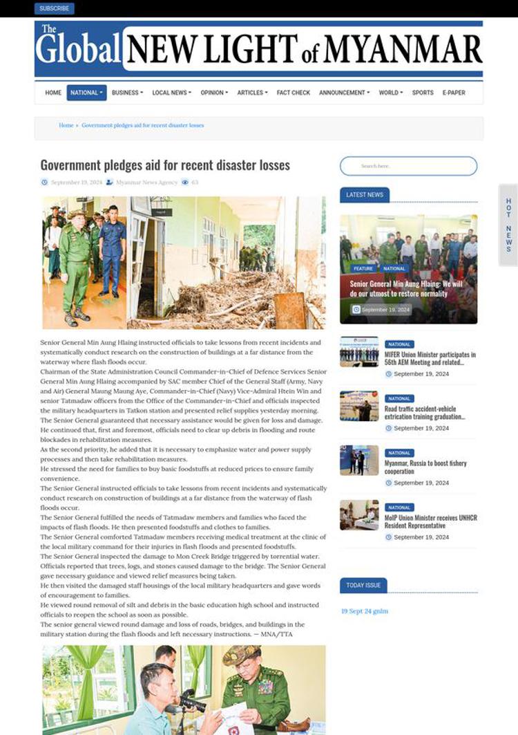 Myanmar: Min Aung Hlaing orders post-flood reconstruction measures