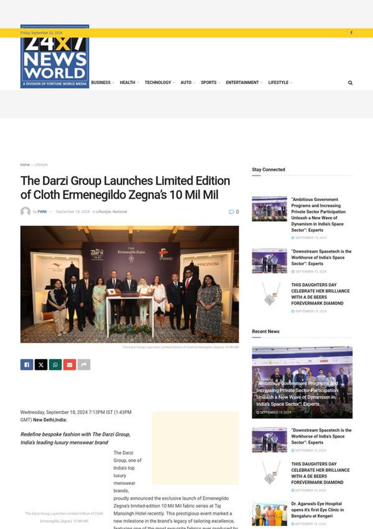 India: The Darzi Group Launches Ermenegildo Zegna’s Exclusive 10 Mil Mil Fabric