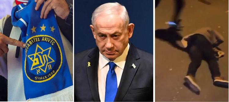 Un tifoso del Maccabi; Benjamin Netanyahu; un'aggressione a Amsterdam (Afp)