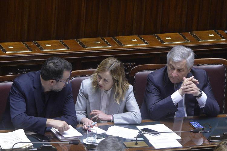 Matteo Salvini, Giorgia Meloni e Antonio Tajani (Fotogramma)