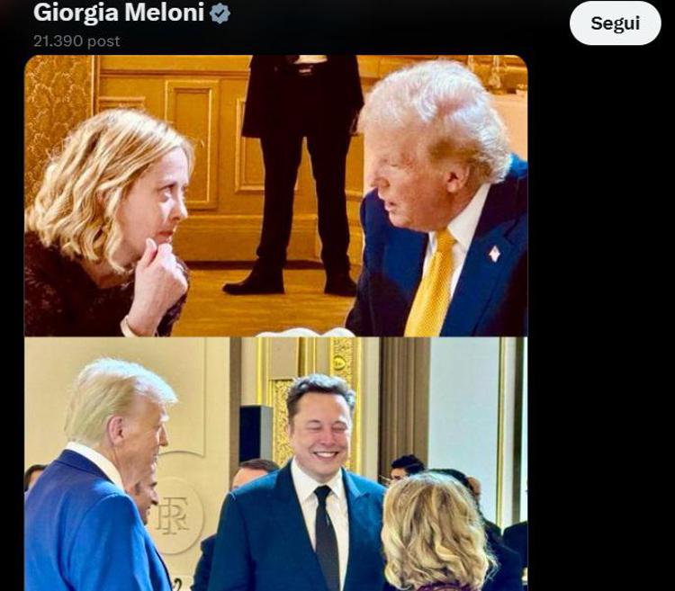 Giorgia Meloni, Donald Trump e Elon Musk nelle immagini pubblicate su X dalla premier