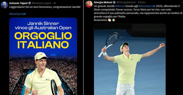 Sinner, Tajani e Meloni esultano su Twitter