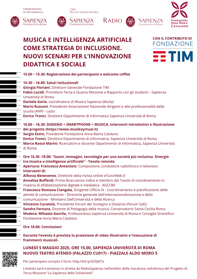 Lunedì 5 maggio alla Sapienza il Convegno “Musica e intelligenza artificiale come strategia di inclusione”
