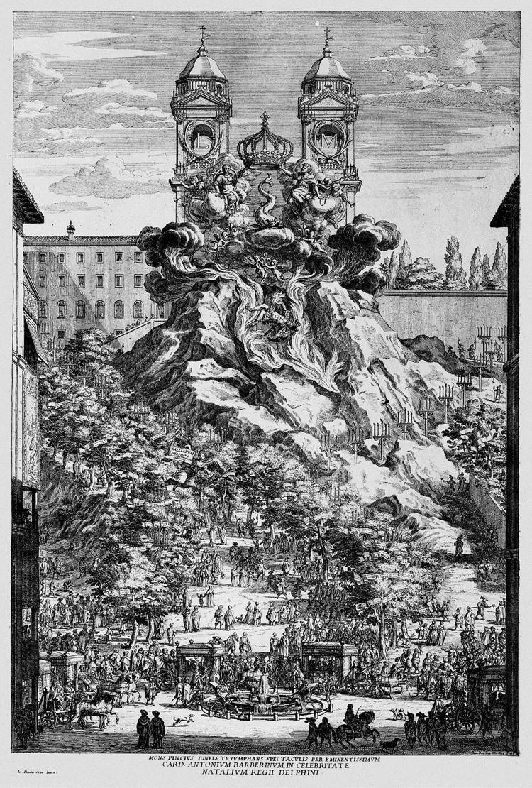Le celebrazioni sul colle del Pincio per la nascita del Delfino di Francia in una stampa d'epoca 