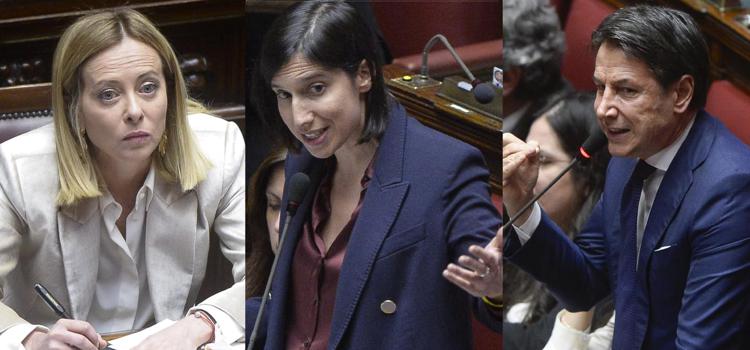 Giorgia Meloni, Elly Schlein e Giuseppe Conte (Ipa)