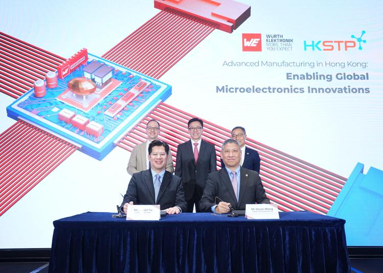 Hong Kong’s advanced manufacturing and microelectronics sector received a significant boost today with a three-year strategic partnership between HKSTP and Würth Elektronik. (Front row from left: Mr Daniel Yu, General Manager, Wurth Electronics (HK) Ltd; Mr Oscar Wong, Head of Innofacturing of HKSTP. Back row from left: Mr Thomas Garz, Chief Executive Officer, Würth Elektronik eiSos Group; Professor Sun Dong, Secretary for Innovation, Technology, and Industry; Mr Albert Wong, Chief Executive Officer, HKSTP)