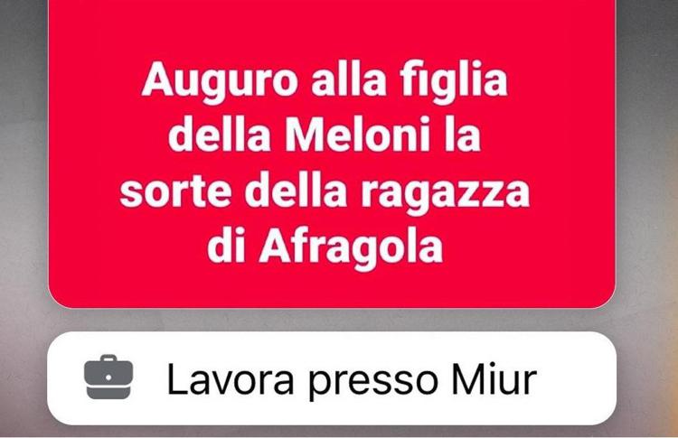 Il post di minaccia contro la figlia di Giorgia Meloni