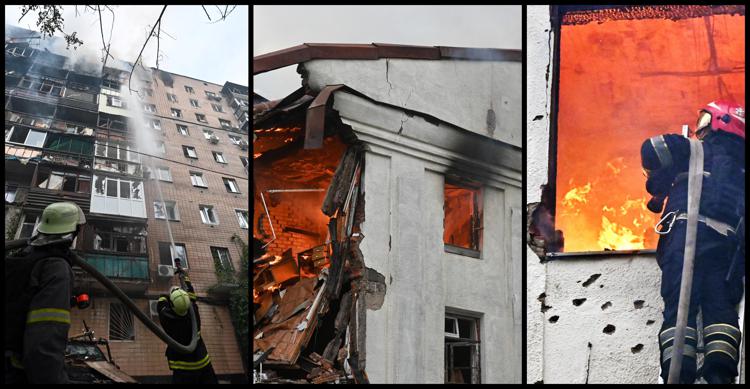 Palazzi ucraini in fiamme dopo bombe e droni (Afp)