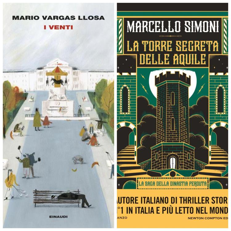 Le copertine di 'Venti' di Mario Vargas Llosa e 'La torre segreta delle aquile' di Marcello Simoni