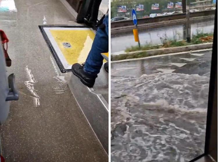 Maltempo Roma, sulla Cristoforo Colombo autobus allagato fa 'surf' in strada