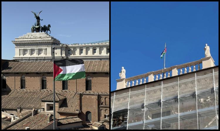 Bandiera palestinese sul Campidoglio. Foto dalla pagina Fb  del consigliere Giovanni Zannola
