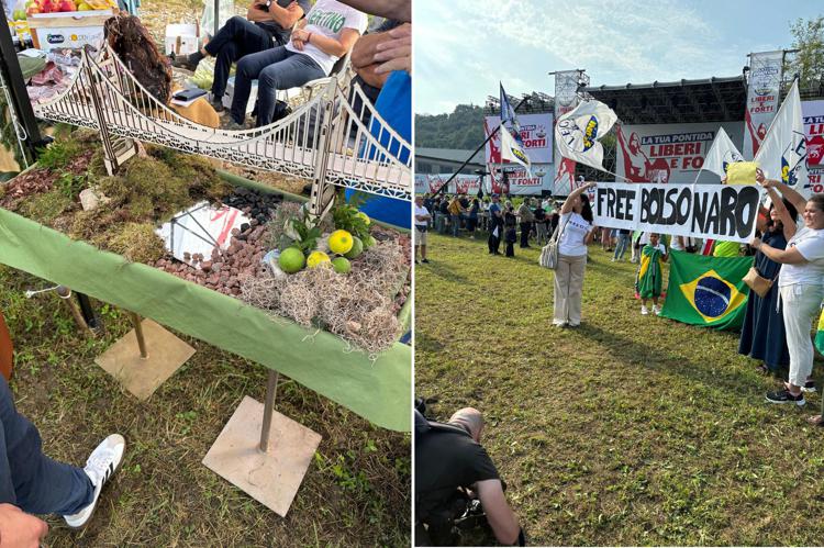 Ponte di Messina in miniatura e 'Free Bolsonaro' sul pratone di Pontida - Adnkronos