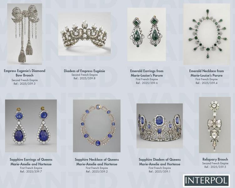 I gioielli rubati al Louvre, solo uno è stato recuperato. Foto pubblicata dalla Interpol